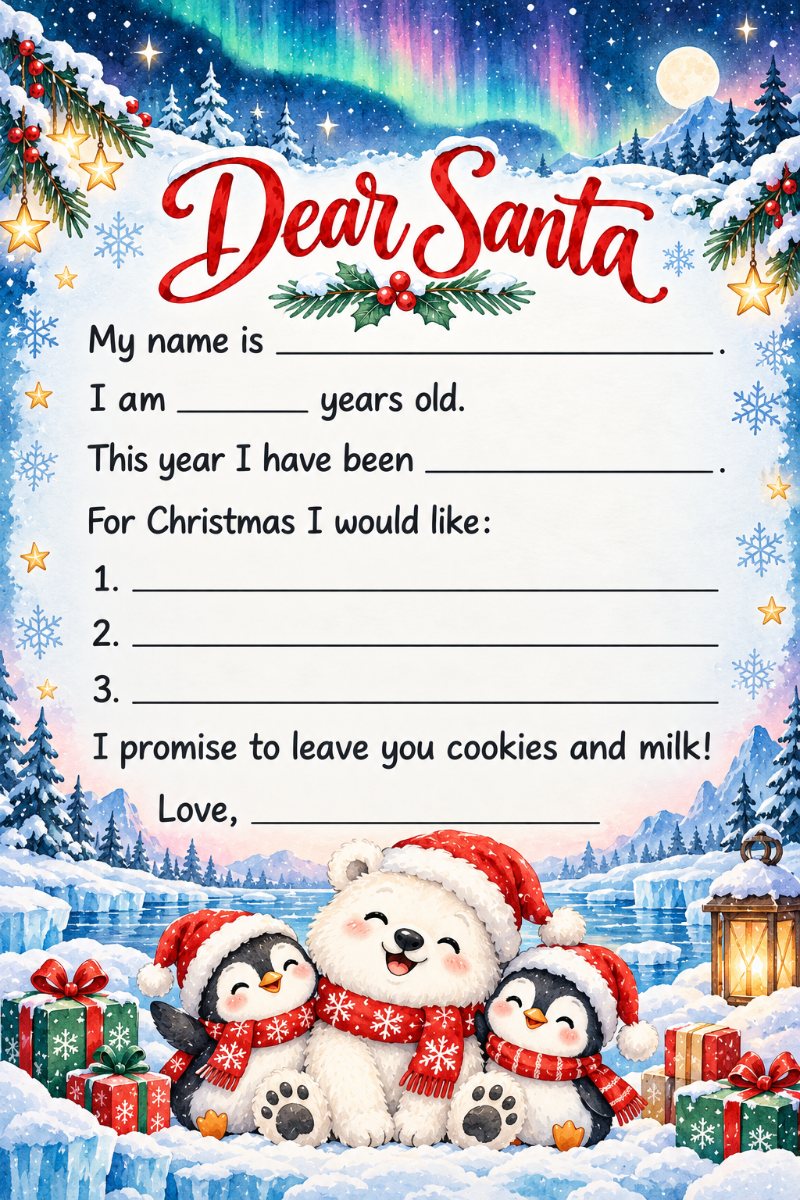 Letter to Santa template with a polar bear and penguins in Santa hats