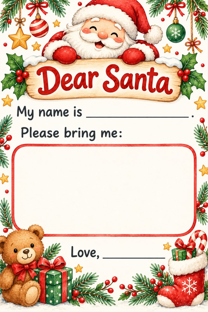 Preschool letter to Santa template with a box to draw a wish