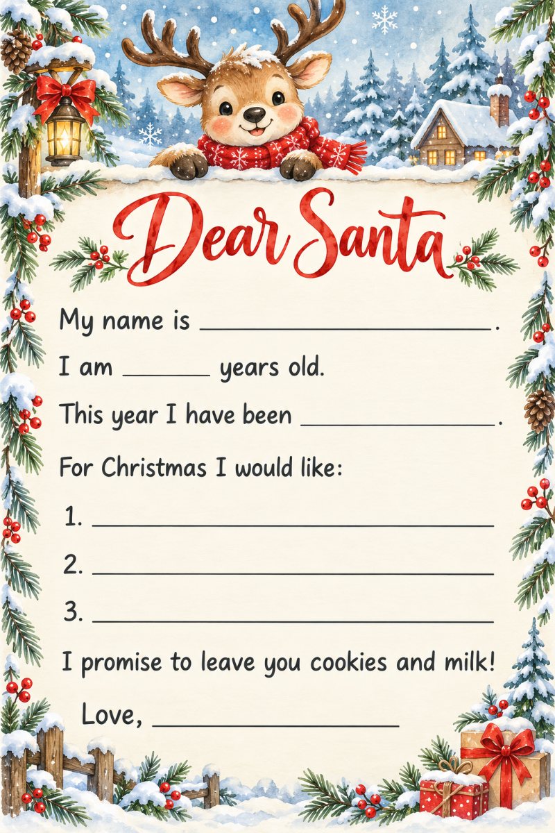 Printable letter to Santa template with a reindeer in a red scarf and snowy pines
