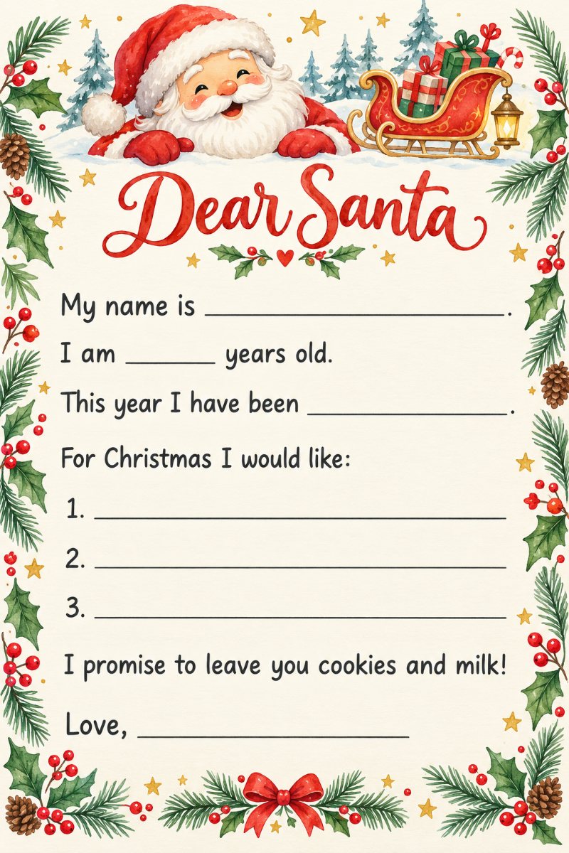 Printable letter to Santa template with Santa and his sleigh in watercolor