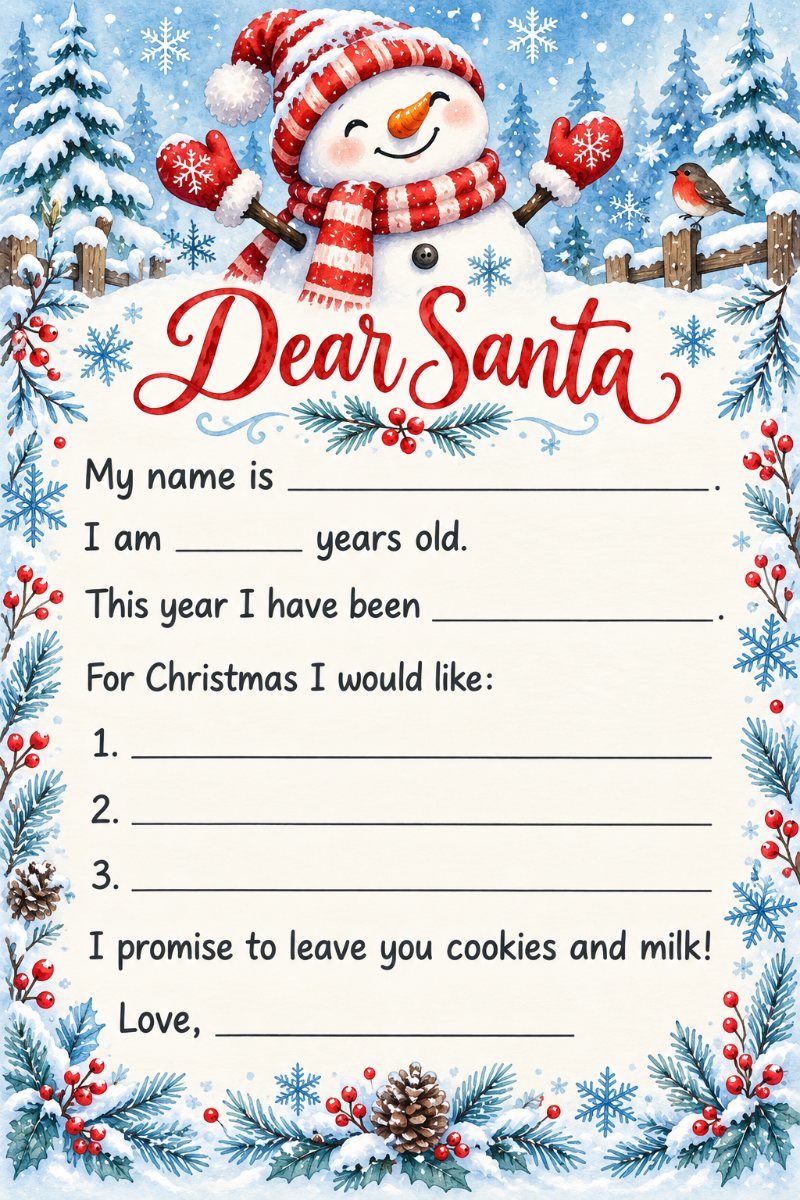 Printable letter to Santa template with a happy snowman and snowflakes