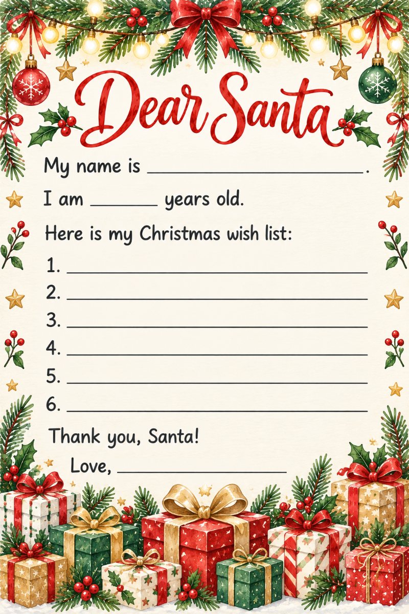Printable Christmas wish list letter to Santa with six numbered lines