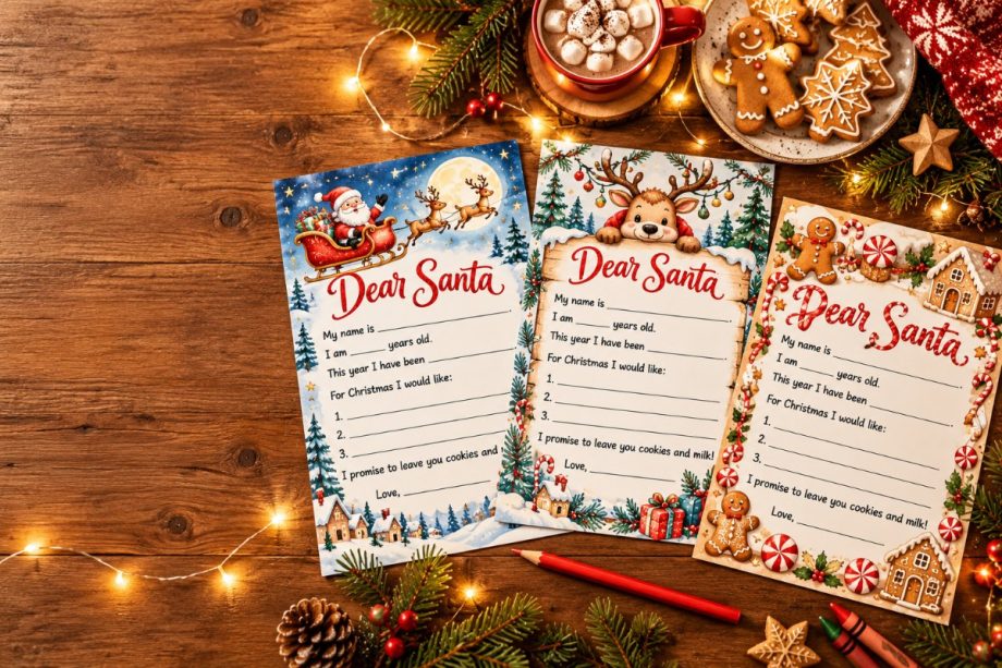 Printable letter to Santa templates laid out with crayons, cocoa and cookies