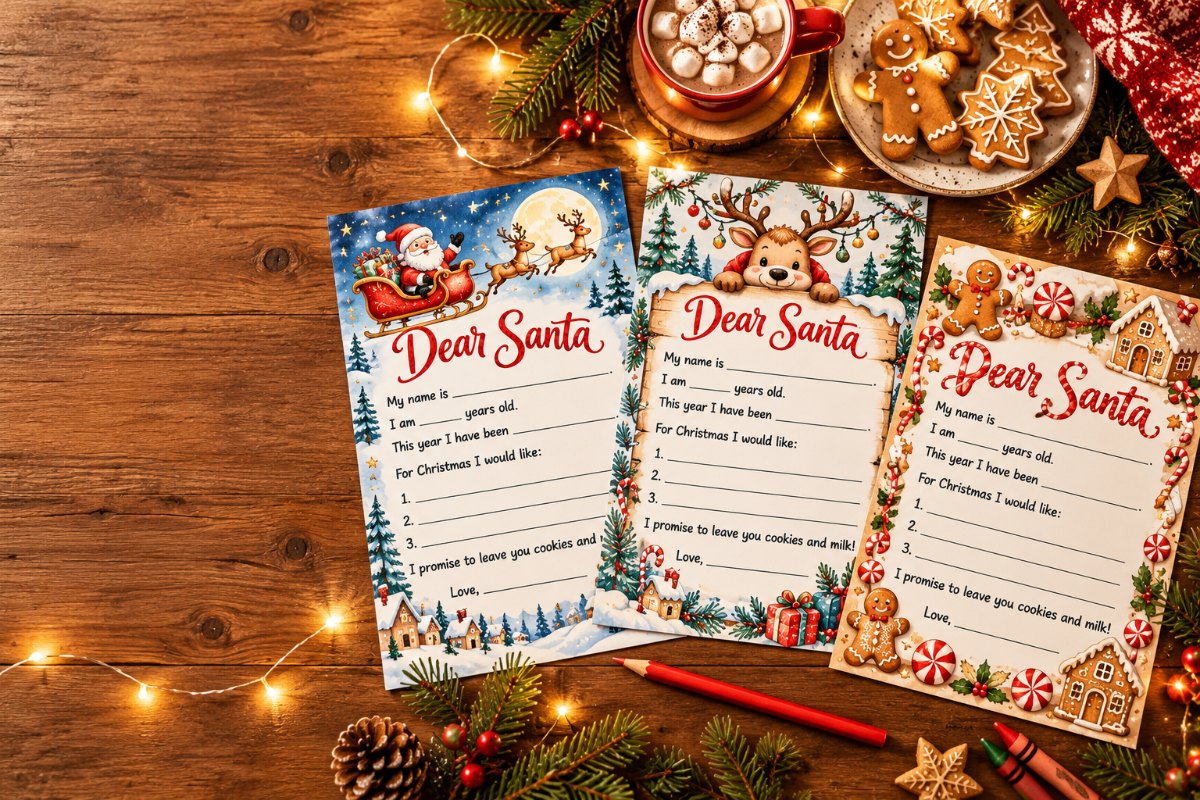 Printable letter to Santa templates laid out with crayons, cocoa and cookies