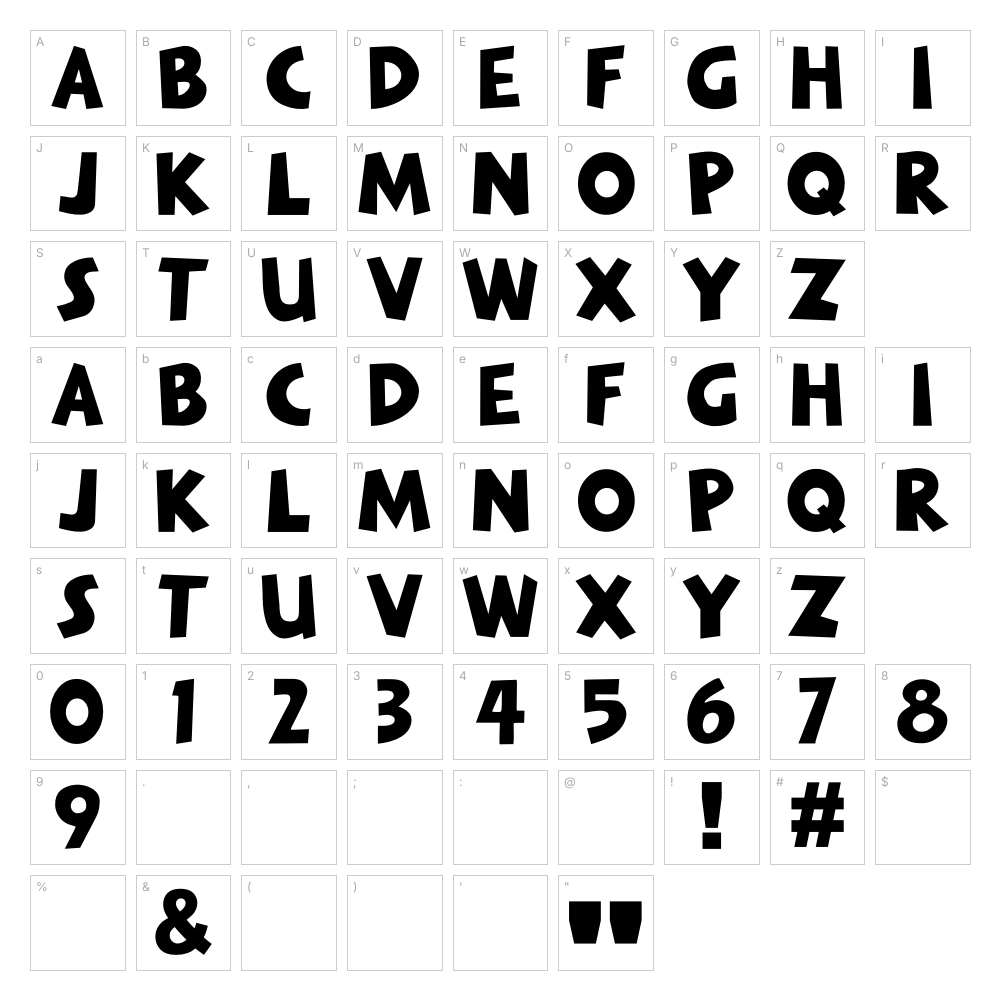 Minions font character map: A–Z, a–z, 0–9 and punctuation