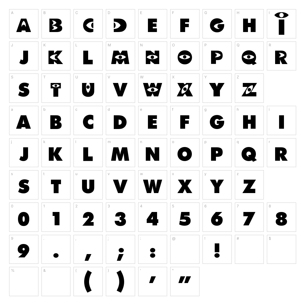 Monsters Inc font character map: A–Z, a–z, 0–9 and punctuation