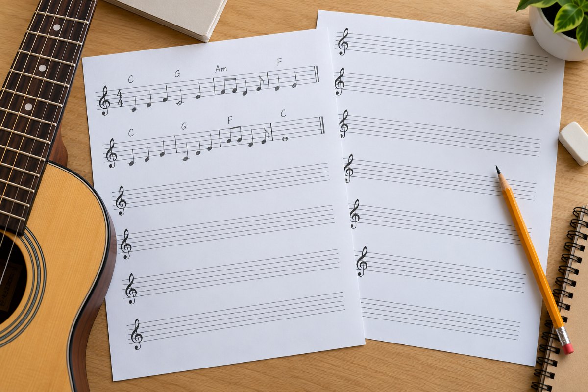 Blank music staff paper with a pencil and a few handwritten notes