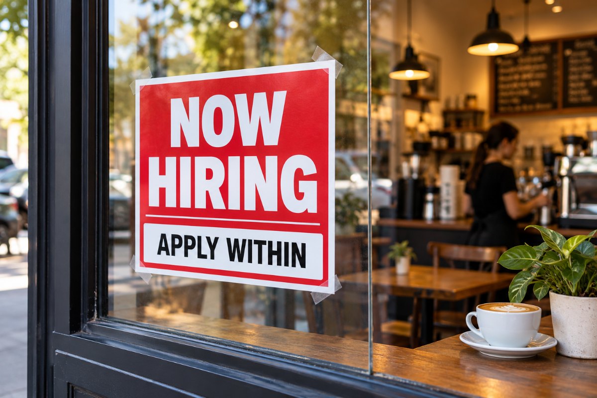 Red now hiring sign with apply within taped in a coffee shop window