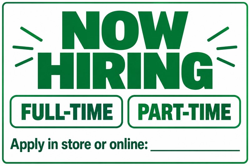 Full-Time · Part-Time — free printable now hiring sign