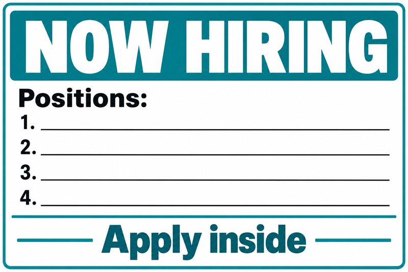 Now Hiring · Positions — free printable now hiring sign