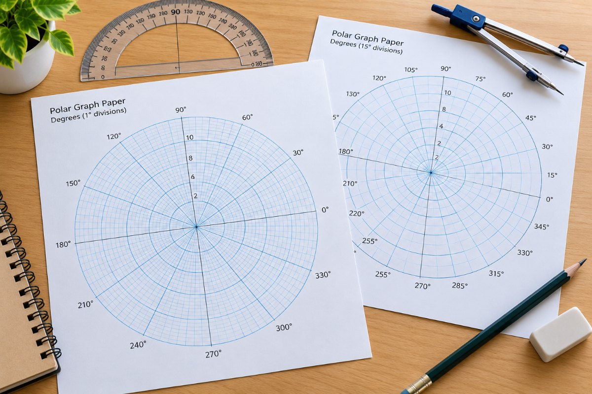 Polar graph paper with a rose curve sketched in pencil