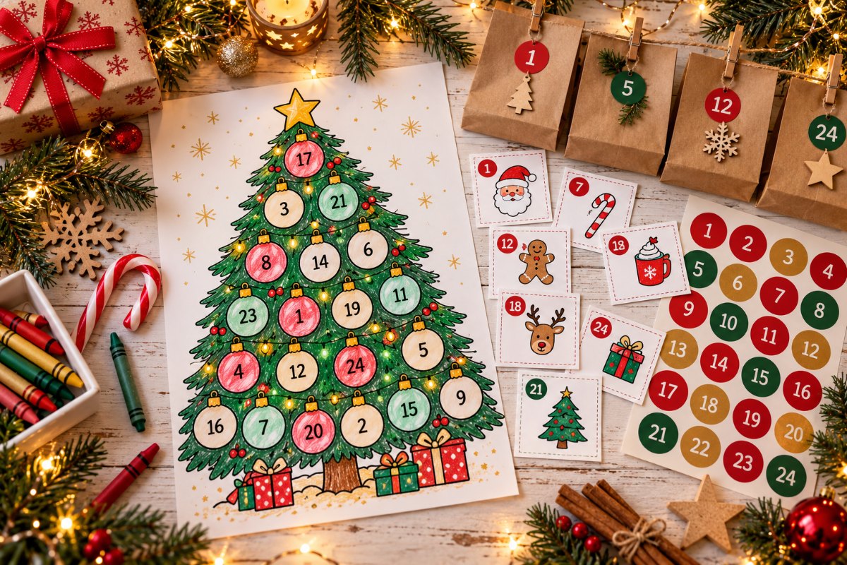 Free printable advent calendar: a countdown tree, 24 activity cards and numbers 1 to 24