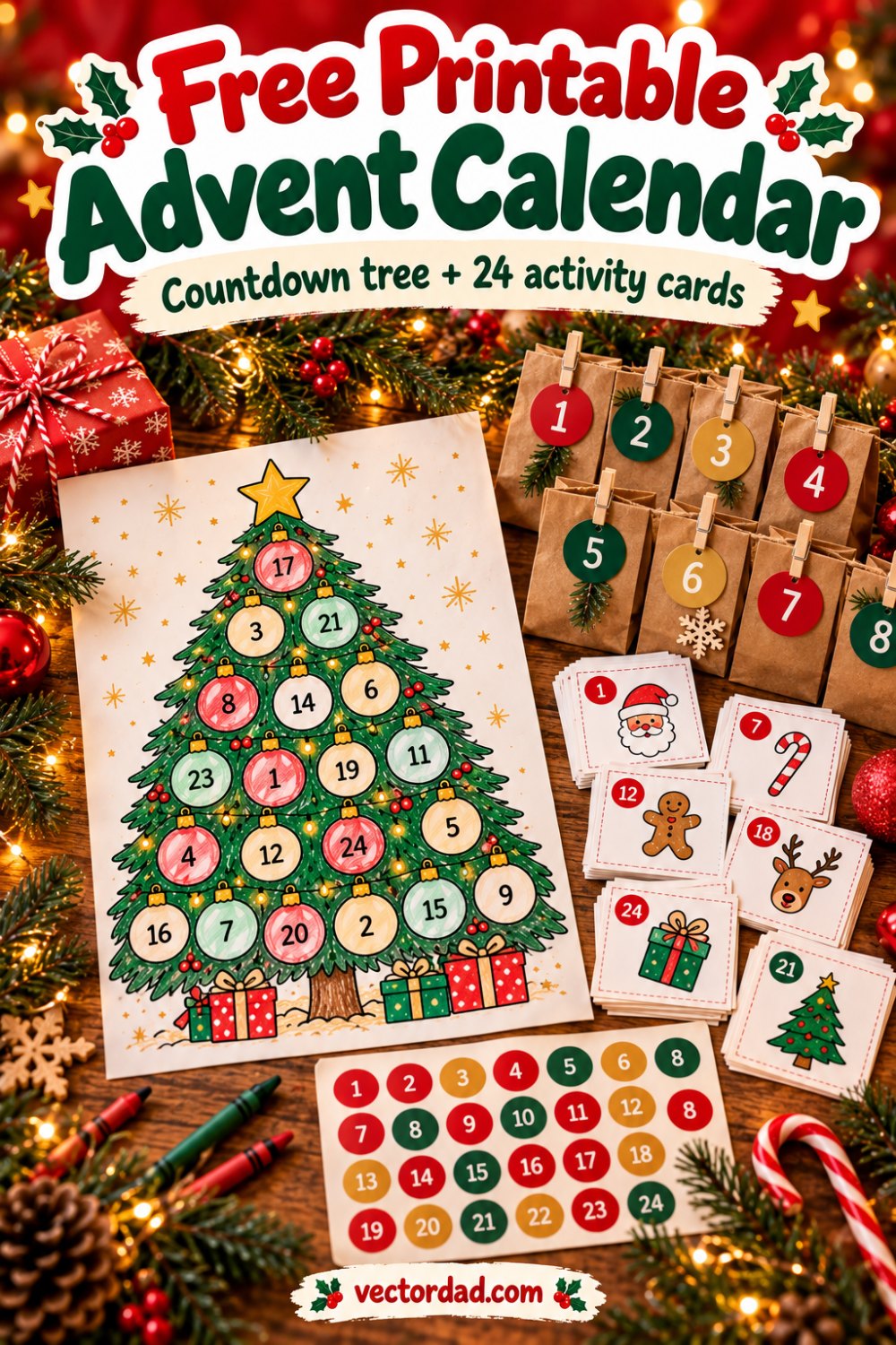 Free printable advent calendar from VectorDad — countdown tree, activity cards and numbers