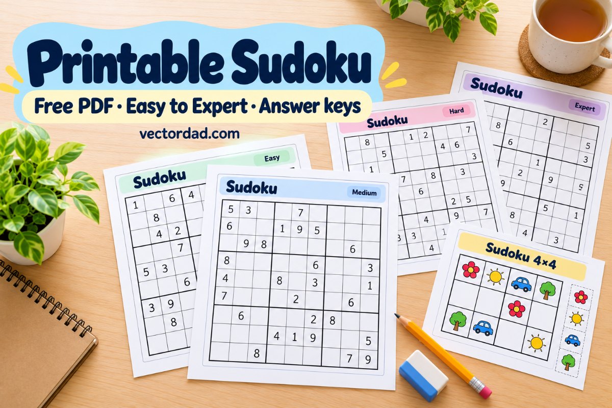 Printable sudoku puzzle sheets on a desk with a pencil