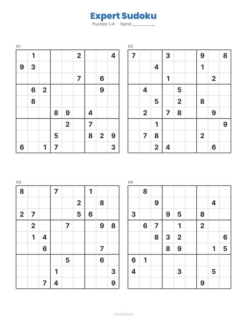 Expert printable sudoku puzzles, four per page