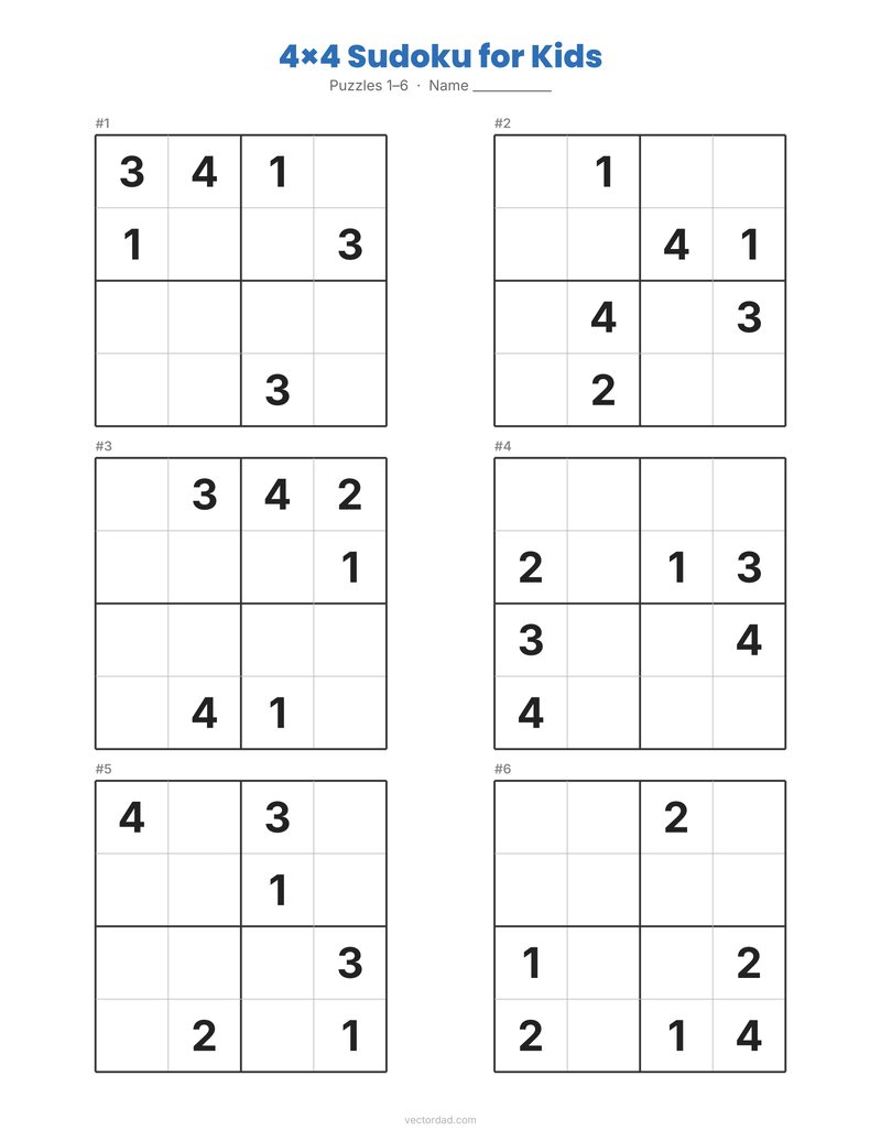 4x4 sudoku for kids printable