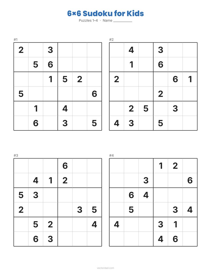 6x6 sudoku for kids printable