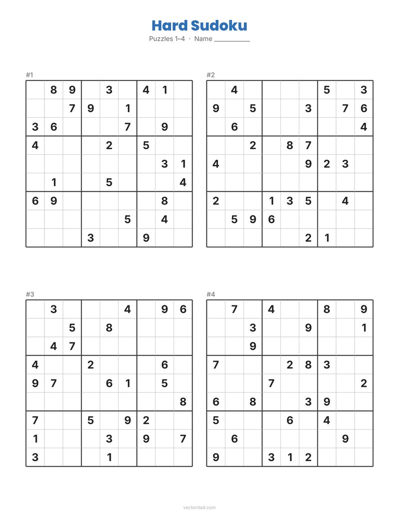 Hard printable sudoku puzzles, four per page