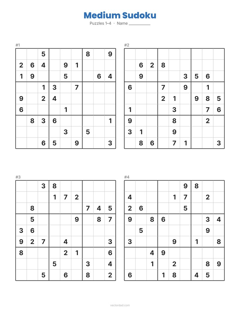 Medium printable sudoku puzzles, four per page