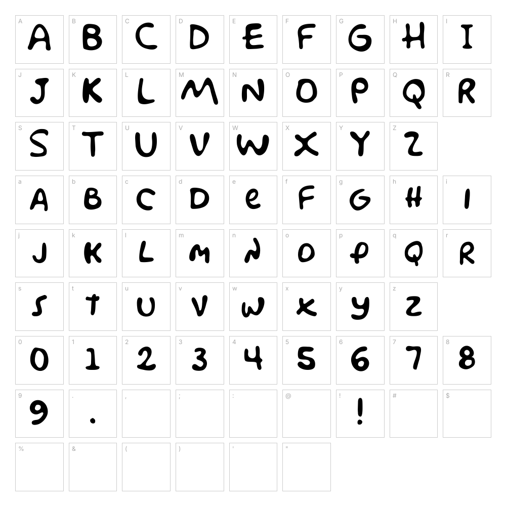 Simpsons font character map: A–Z, a–z, 0–9 and punctuation