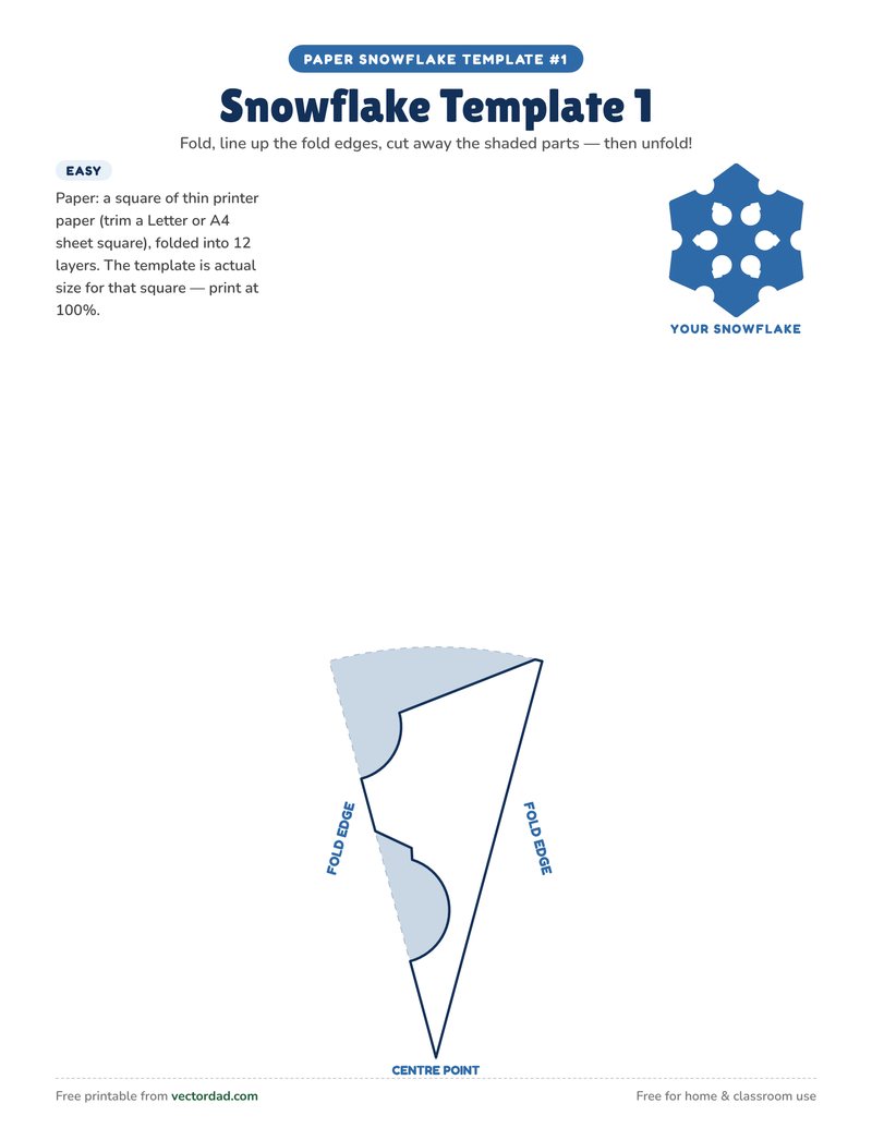 Easy paper snowflake template with large cut-outs and a preview of the finished snowflake
