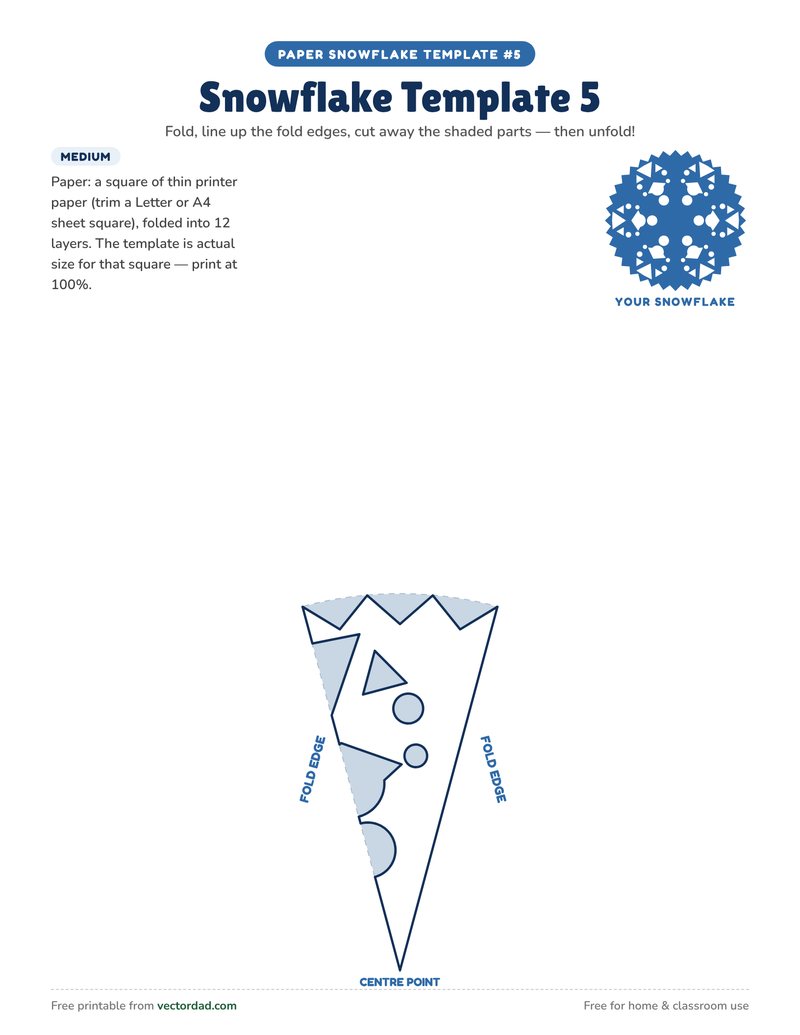 Medium paper snowflake template with notches and holes to cut