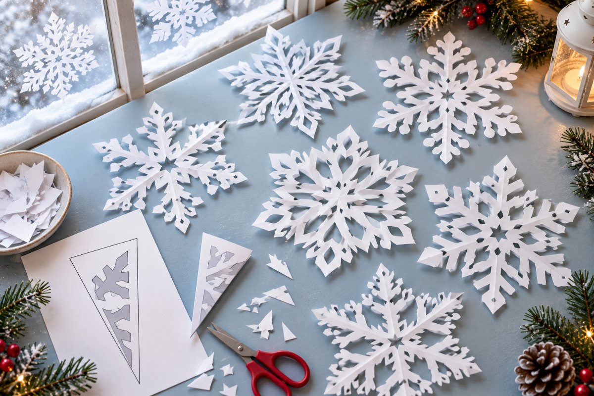 Printable paper snowflake templates with a folding guide and 12 finished snowflake designs