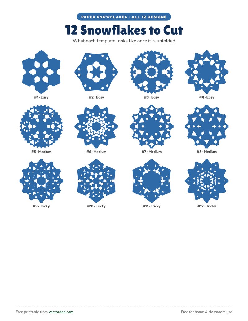 All 12 paper snowflake designs shown unfolded
