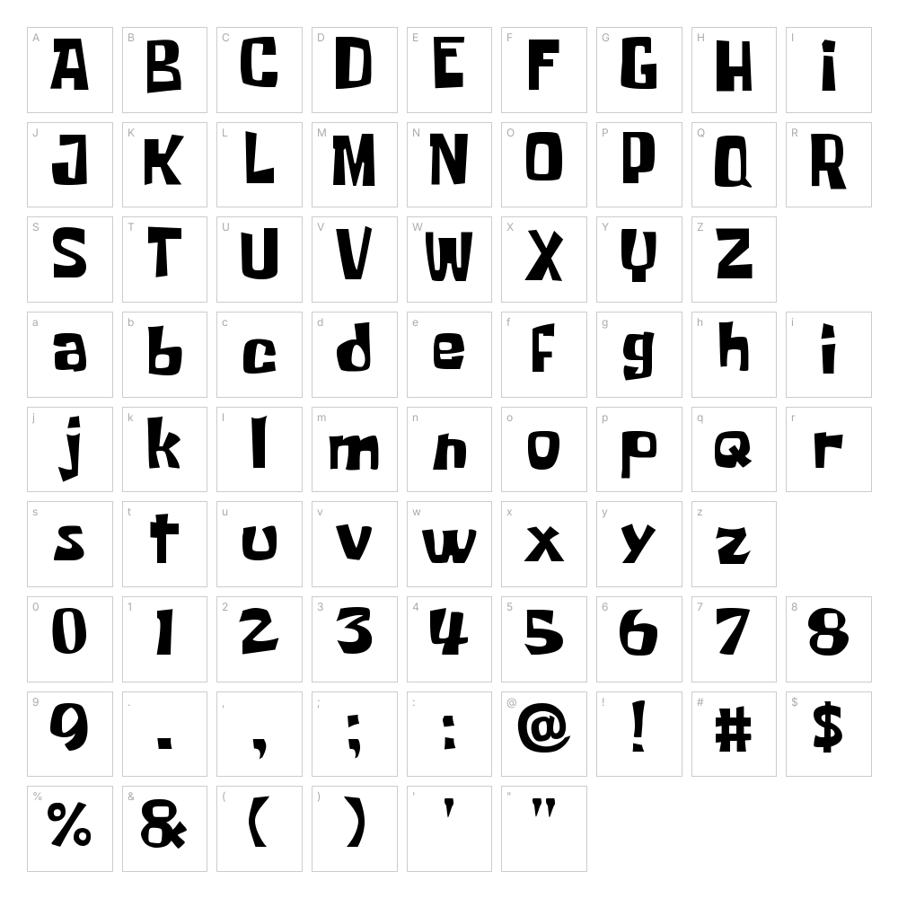 SpongeBob font character map: A–Z, a–z, 0–9 and punctuation