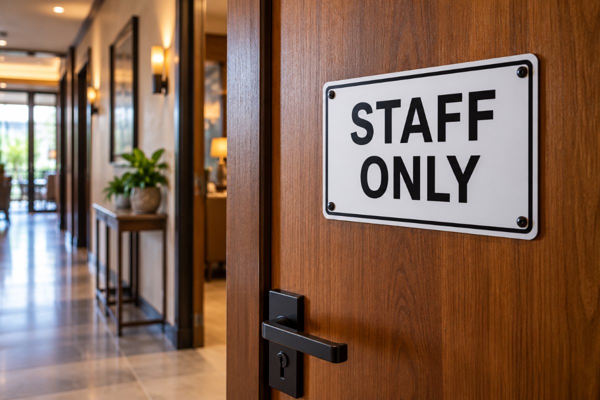 Black and white staff only sign on a hotel corridor door