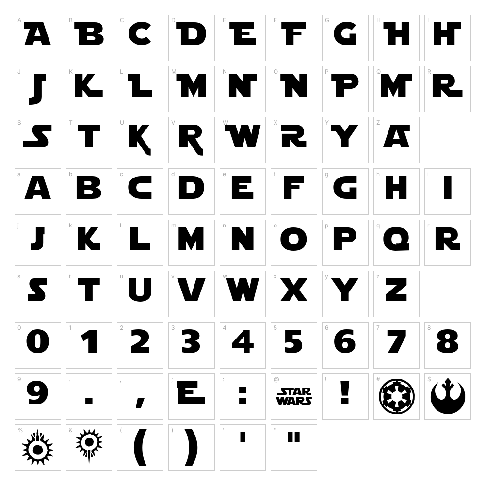 Star Jedi font character map: A–Z, a–z, 0–9 and punctuation