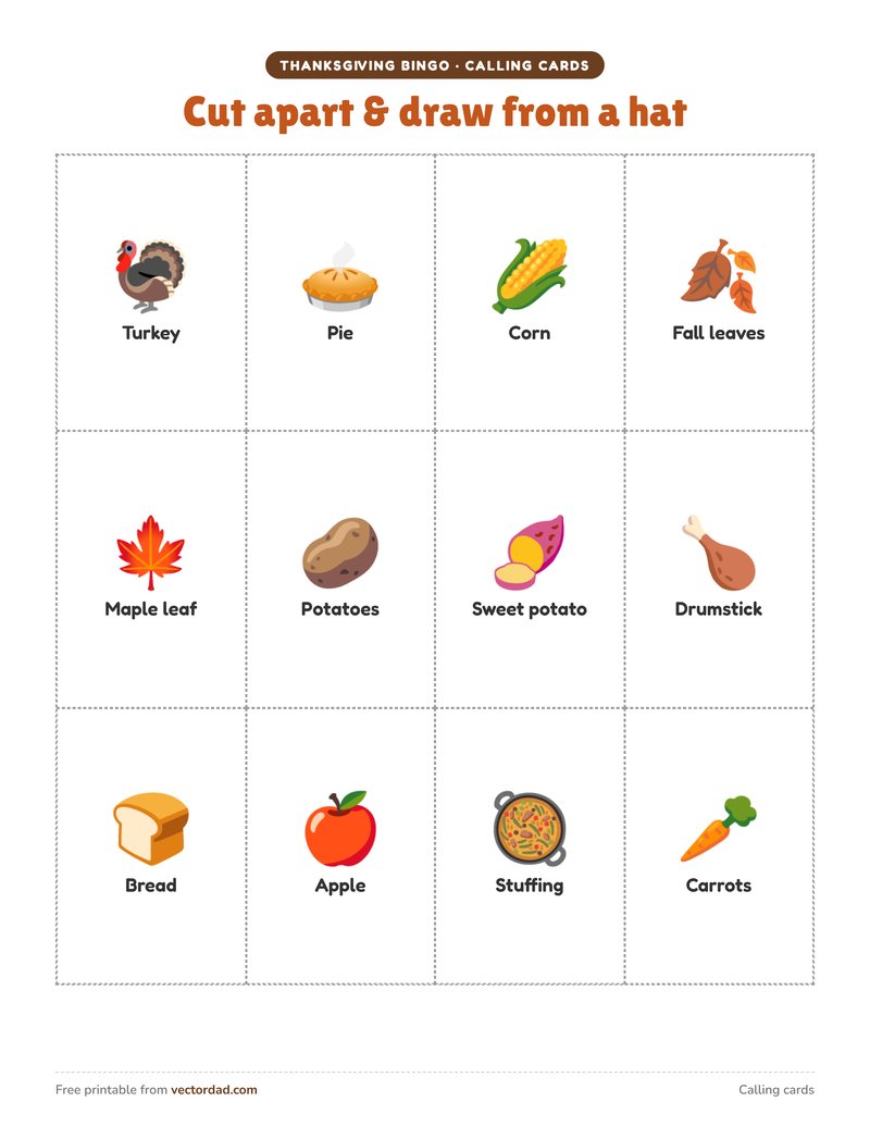 Thanksgiving bingo calling cards to cut apart, with leaf and turkey markers