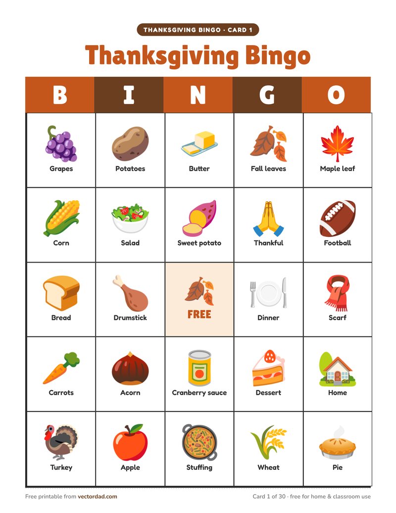 Printable Thanksgiving bingo card โ 5 ร 5 picture grid with a free space
