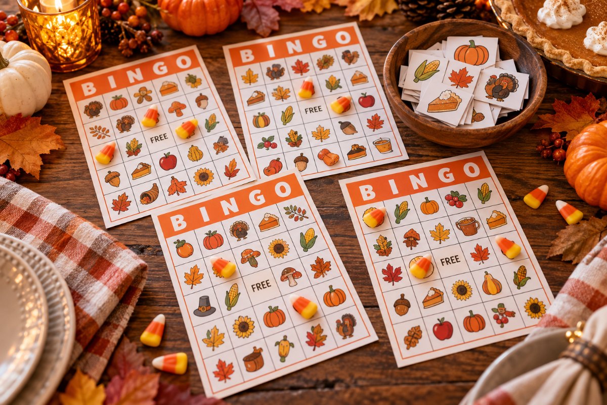 Printable Thanksgiving bingo cards with a turkey, pie, corn and fall leaves, plus junior cards