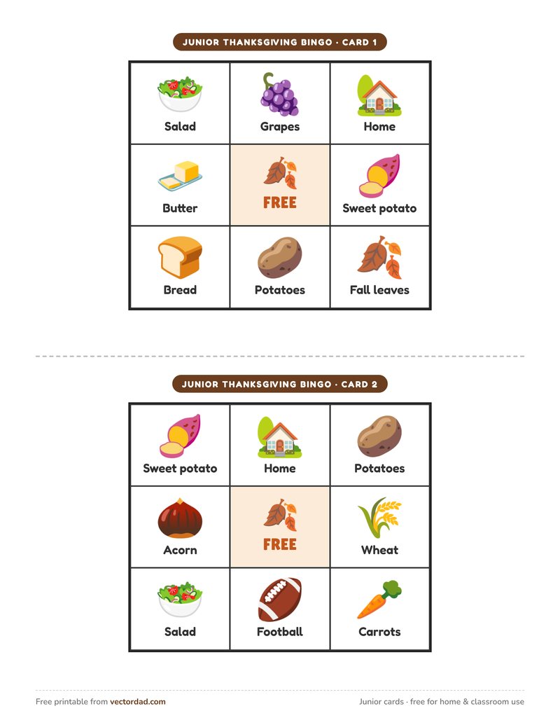 Printable junior Thanksgiving bingo cards โ 3 ร 3 grids with big pictures