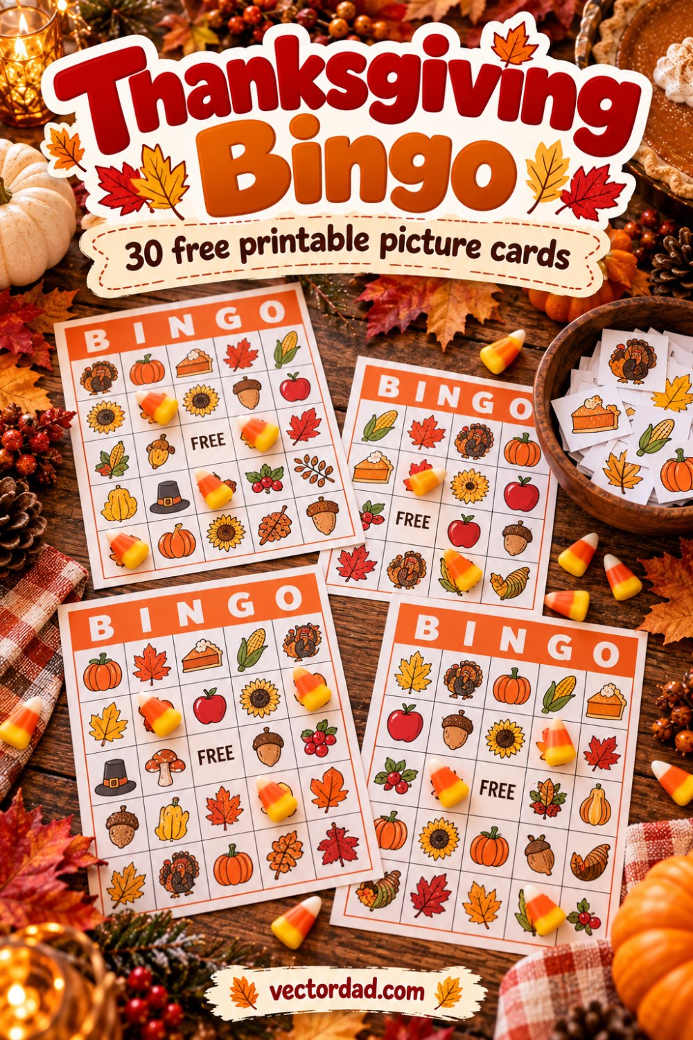 Free printable Thanksgiving bingo cards from VectorDad โ 30 picture cards