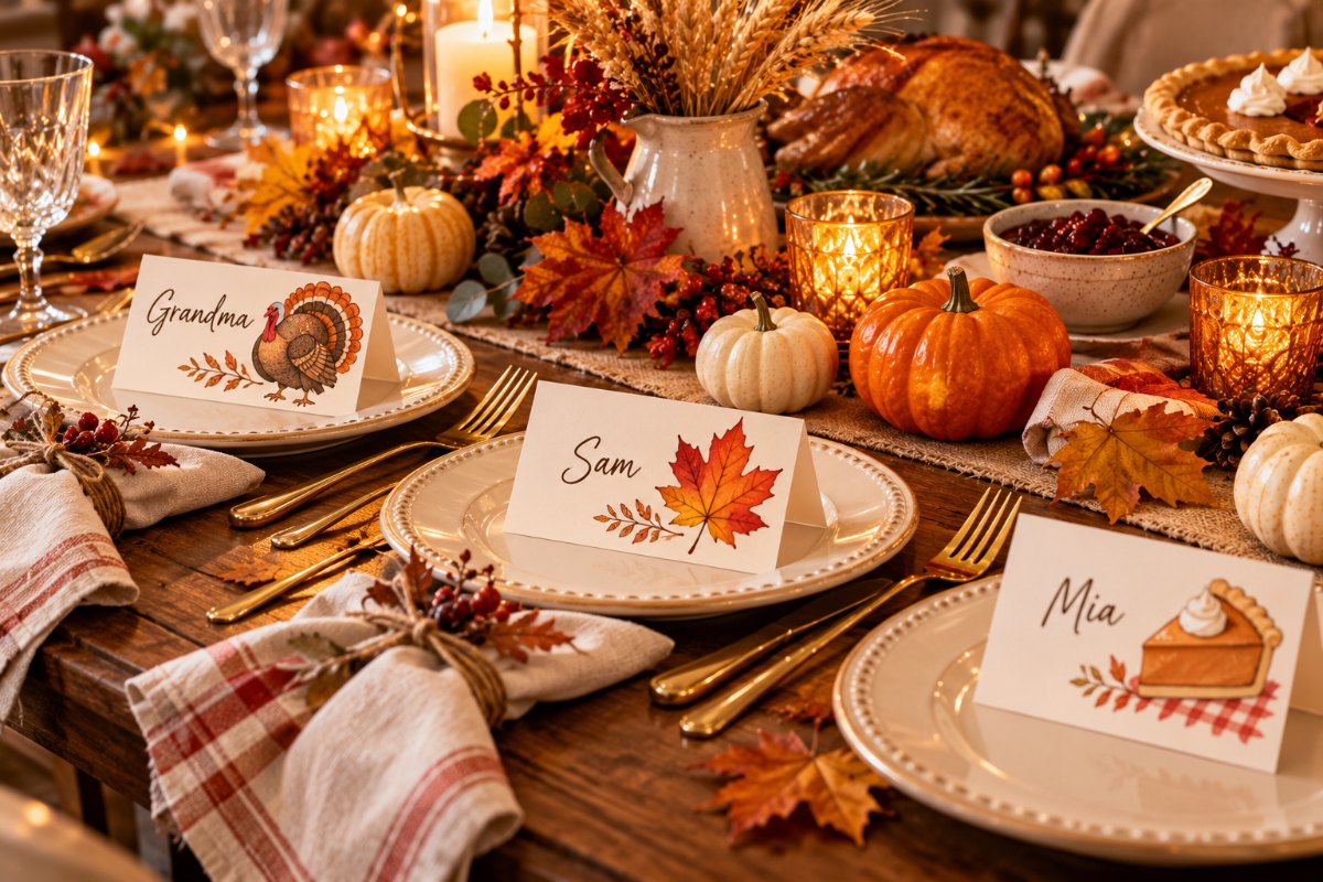 Printable Thanksgiving place cards with a turkey, pumpkin pie and apple gingham designs