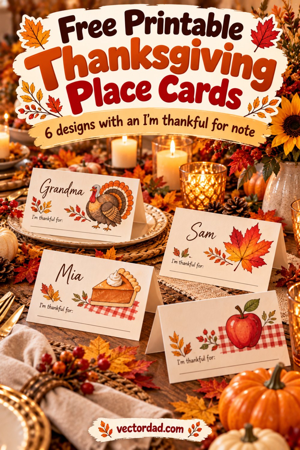 Free printable Thanksgiving place cards from VectorDad — 6 fold-over designs
