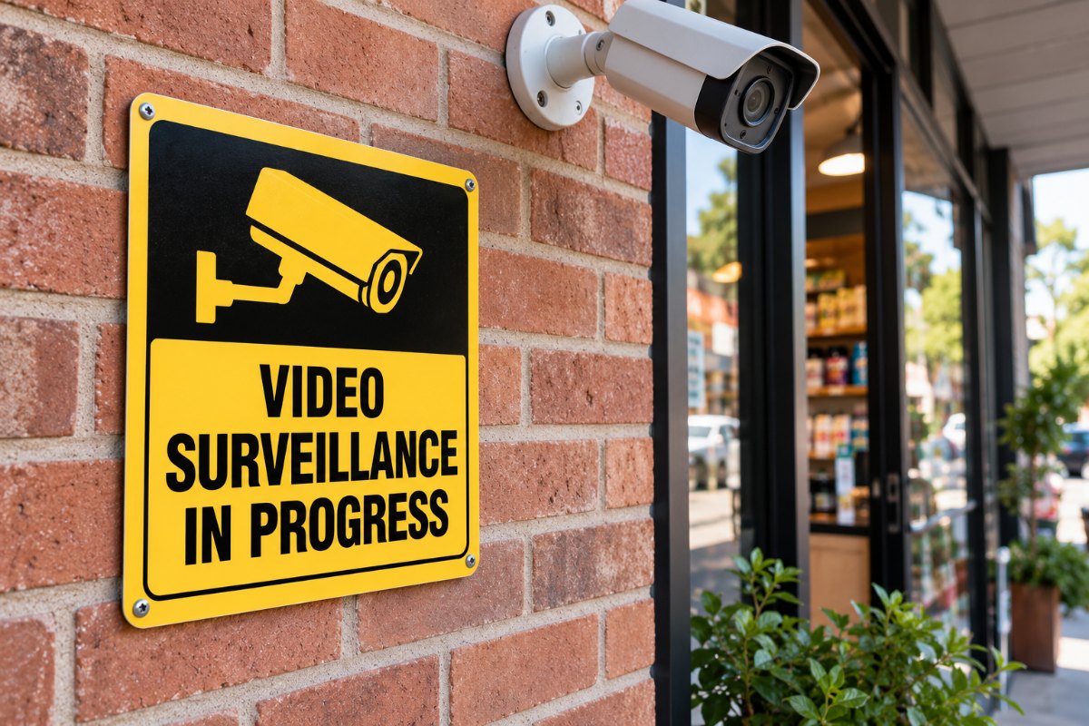 Black and yellow video surveillance in progress sign on a brick wall next to a security camera