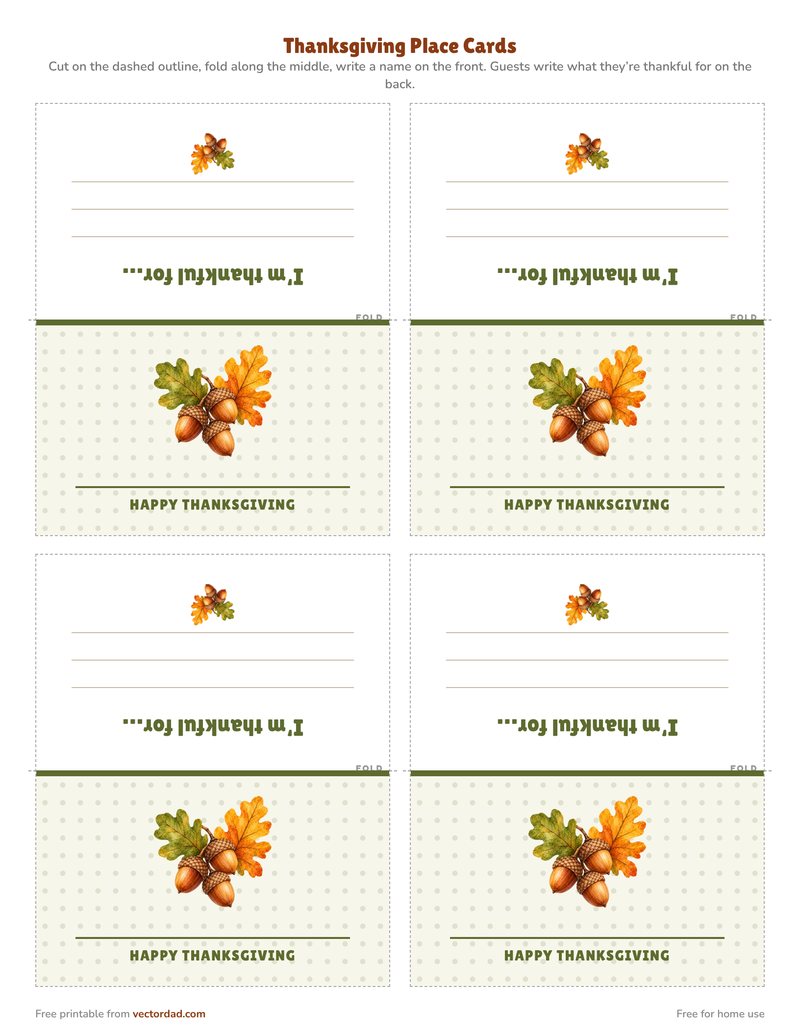 Acorn Thanksgiving place card printable, four per page