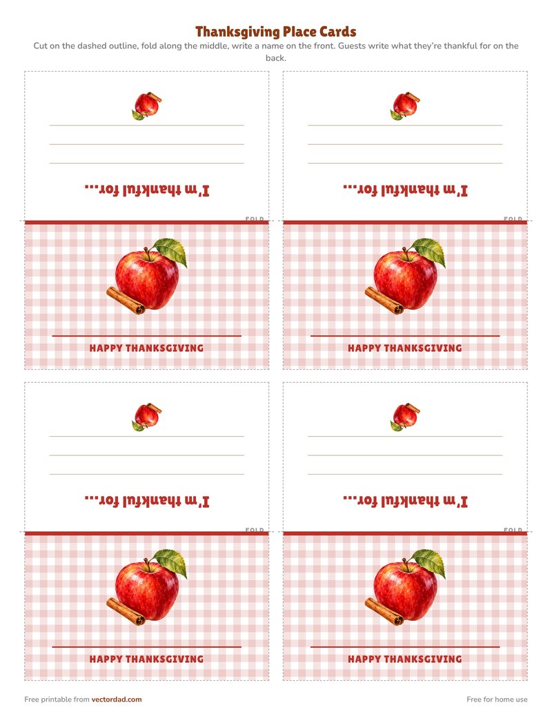 Apple Gingham Thanksgiving place card printable, four per page