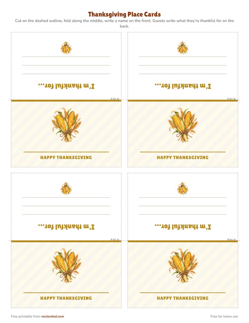 Harvest Thanksgiving place card printable, four per page
