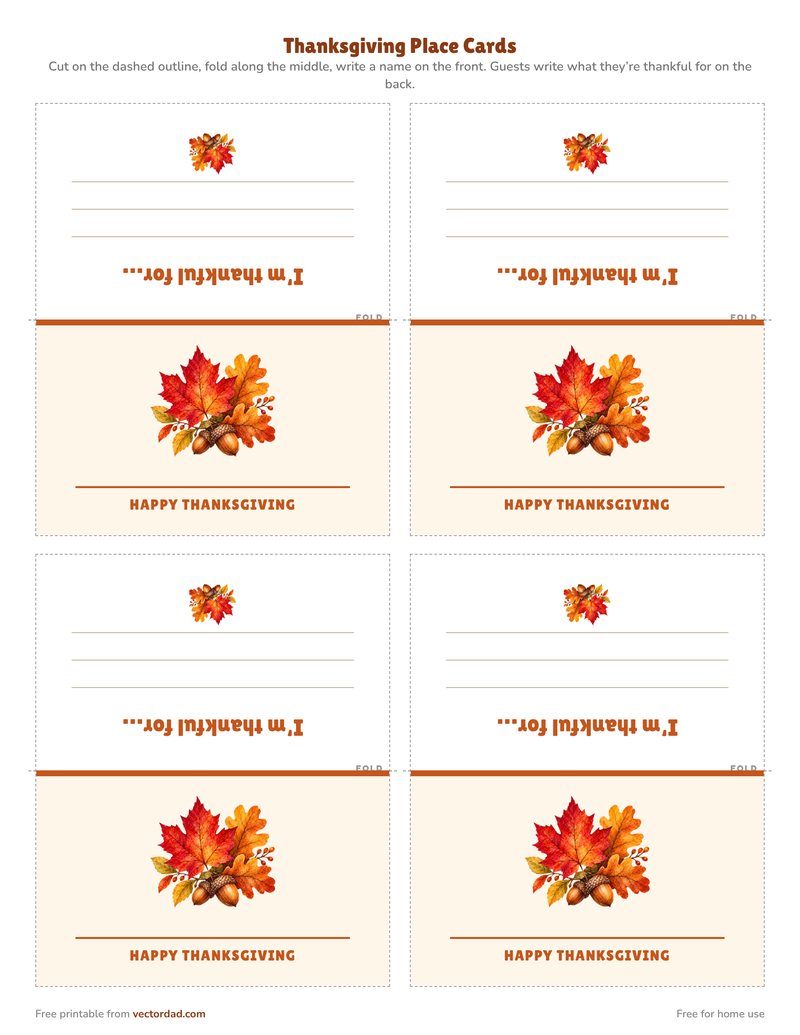 Fall Leaves Thanksgiving place card printable, four per page