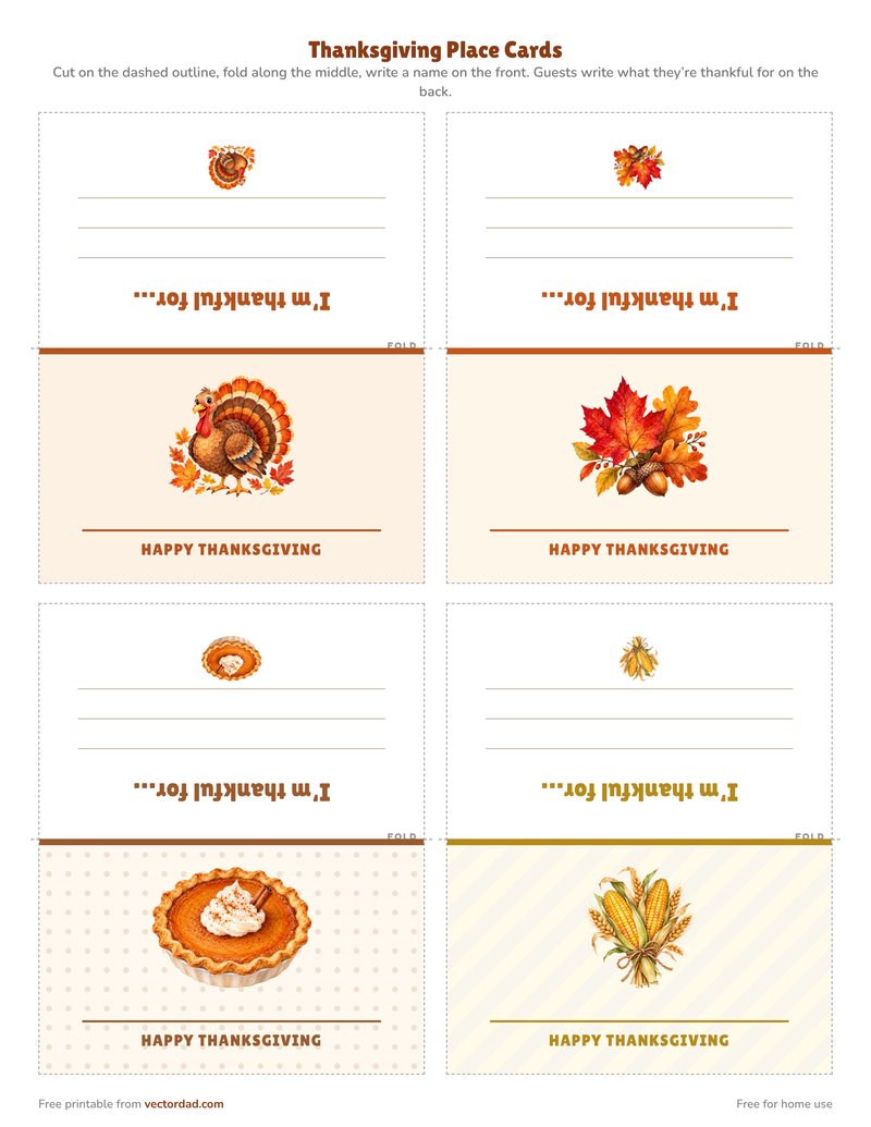 Printable Thanksgiving place cards in four designs with an I am thankful for note on the back