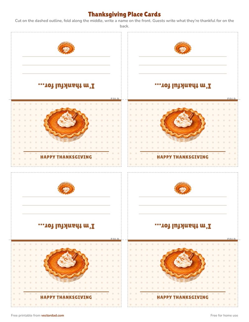 Pumpkin Pie Thanksgiving place card printable, four per page