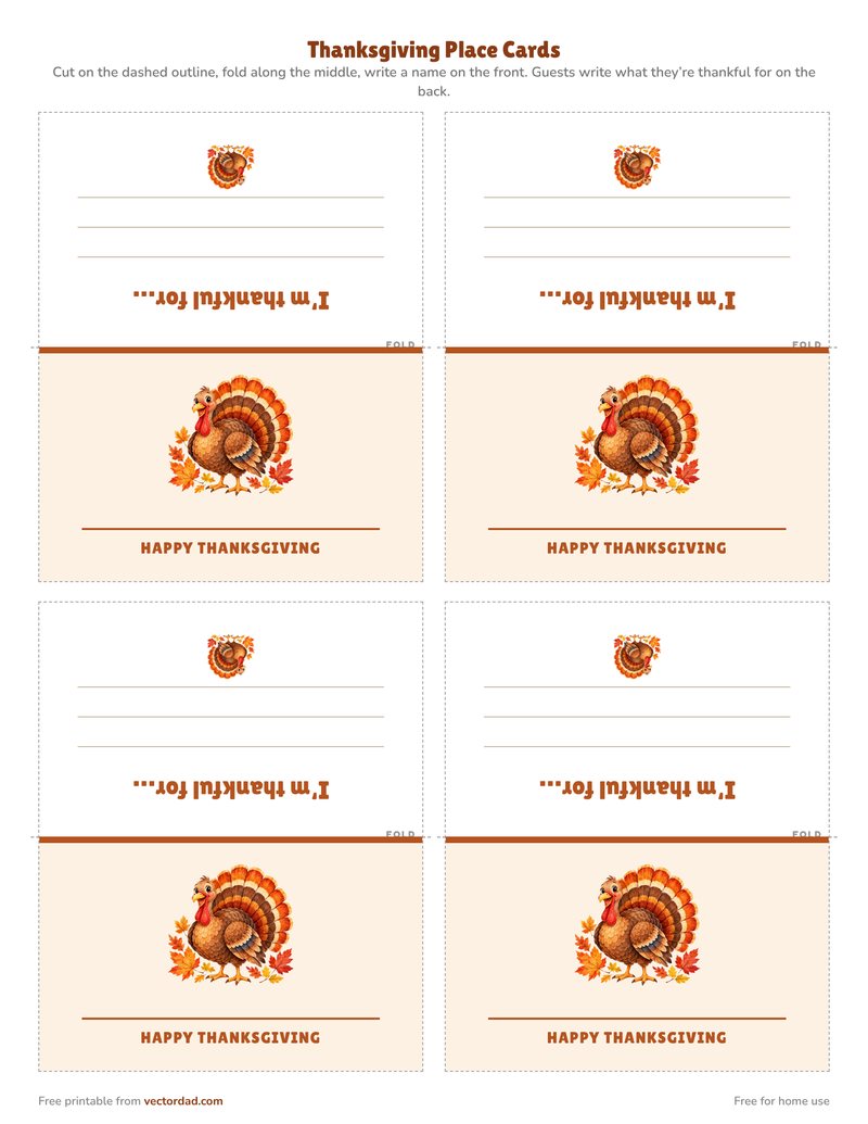 Turkey Thanksgiving place card printable, four per page