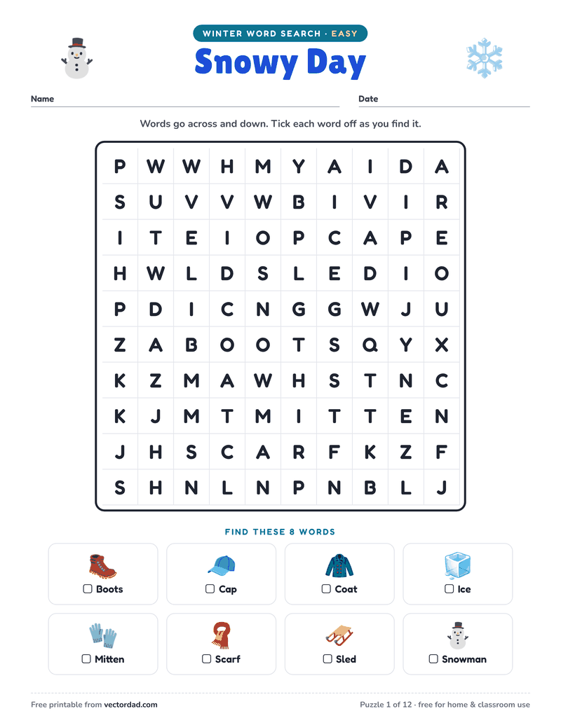 Printable Winter word search — Snowy Day (easy, 8 words)