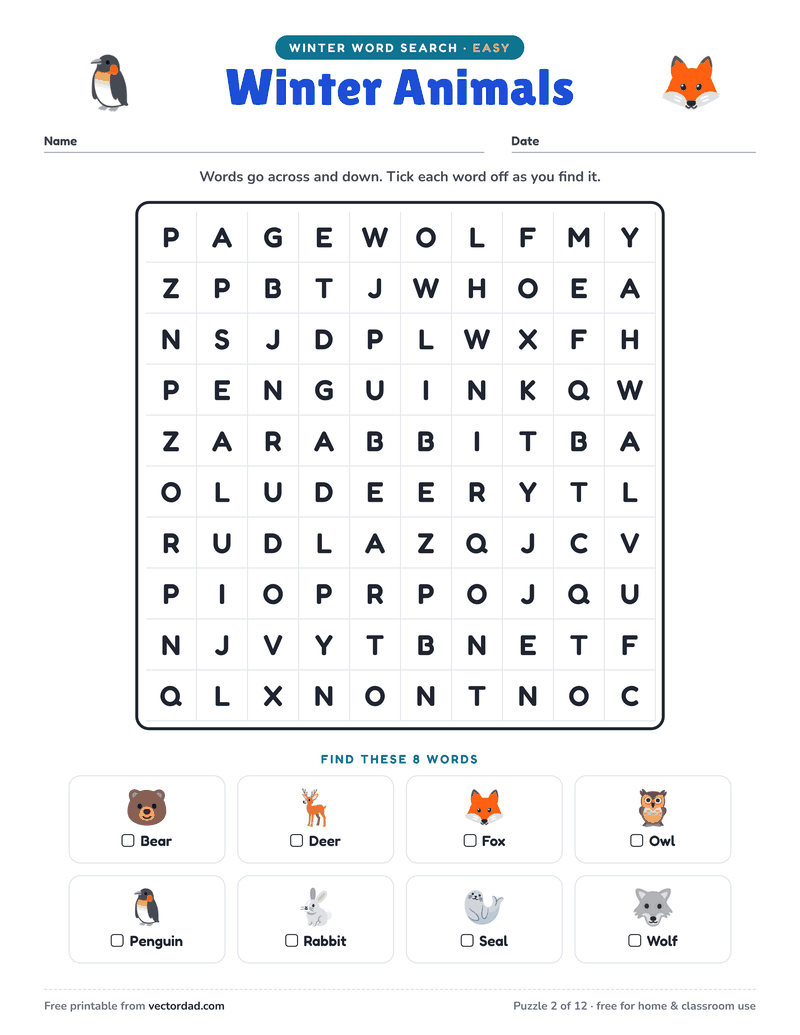 Printable Winter word search — Winter Animals (easy, 8 words)