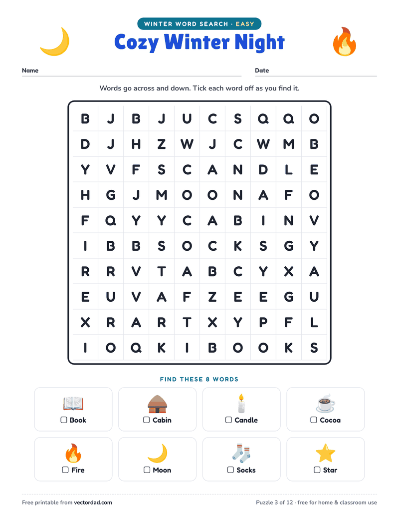 Printable Winter word search — Cozy Winter Night (easy, 8 words)