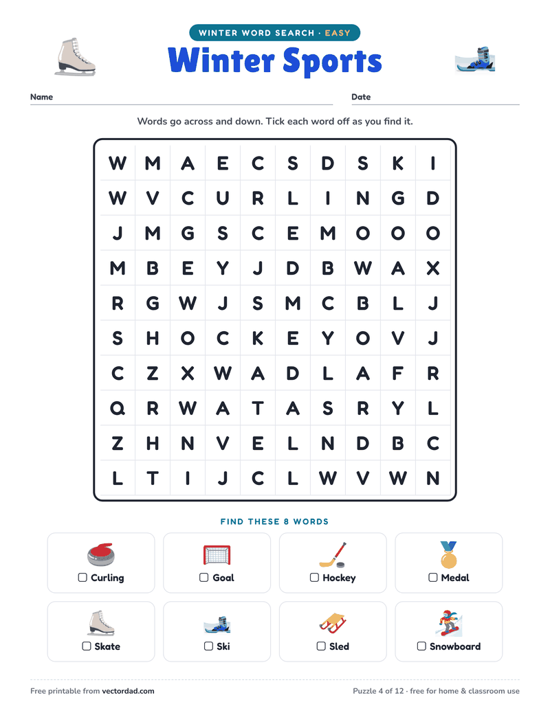 Printable Winter word search — Winter Sports (easy, 8 words)